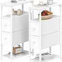KLUVIS Narrow Nightstands Set 2 - Skinny Side Table Slim Night Stand for Small Space Bedroom Thin Bedsides Tables with 2 Drawers, White