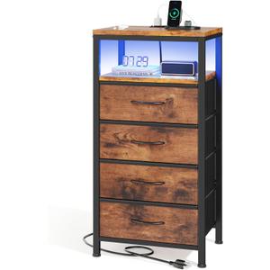 Sweetcrispy Nightstand with Charging Station, Bedside End Table with 4 Fabric Drawers, USB & Type-C Ports with AC Outlets, Adjustable Feet & Dimmable LED Light Strip, Modern Bedroom Furniture, Brown, 11.8"D x 15.75"W x 33.62"H