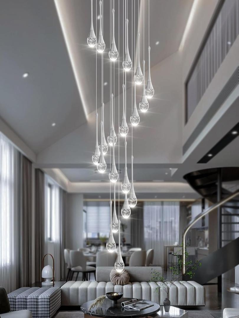 H138 Modern Chandelier for High Ceiling 26-Lights Chrome Raindrop Chandeliers Crystal Pendant Light Fixture Large Chandelier for Staircase Foyer Villa Dimmable LED Hanging Light