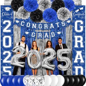 Graduation Party Decorations Class of 2025, Graduation Decorations with Congrats Grad Banner Fringe Foil Curtain Paper Flower Ball Balloons for High School College Grad Party Supplies, Blue