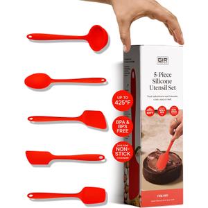 GIR: Get It Right 5-Piece Silicone Essentials Kitchen Utensils Set - Ladle, Spatula, Flip, Spoon & Spoonula - Non-Toxic Cooking Utensils for Nonstick Cookware, Cooking and Baking - Fire Red