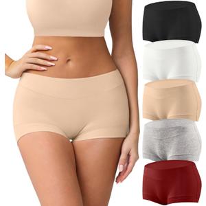 Women's Cotton Boyshorts Underwear 5-Pack Mid Rise Full Coverage Soft No-Roll Briefs (S-XXL) (White, XXL)