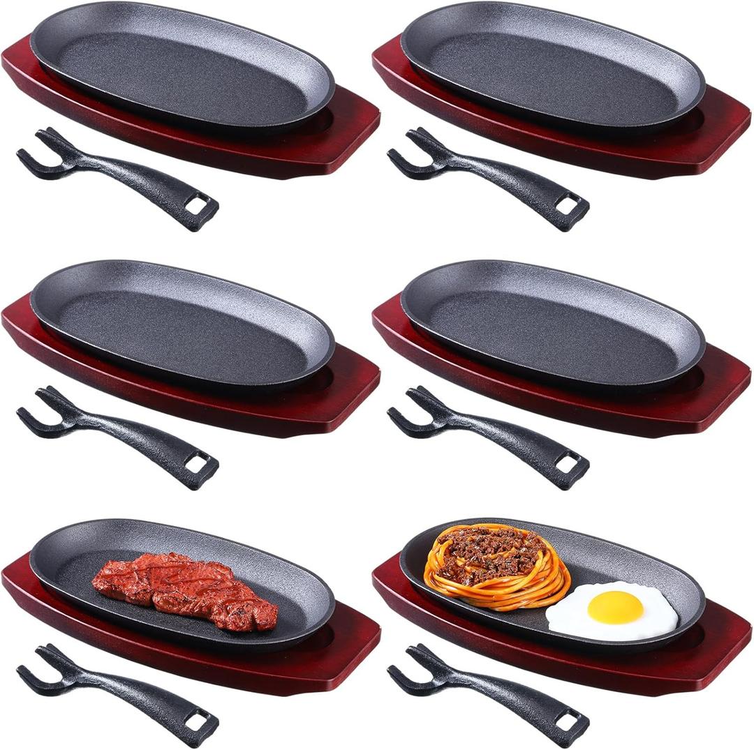 6 Pieces Oval Cast Iron Fajita Skillet Pan Set Small Sizzling Steak Plate with Wooden Base and Handle Cast Iron Fajita Skillet Sizzling Plate for Home Restaurant Barbecue Wedding Valentine's Day (9.5 in X 5.5 in)