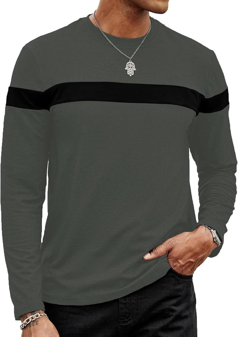 Hardaddy Men's Long Sleeve Tee Shirts Color Block Pullover Casual Basic T-Shirts (Large, Deepgray)