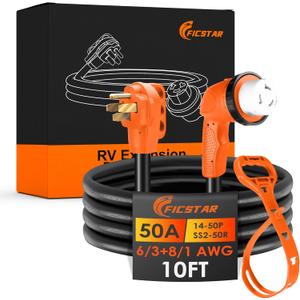 50 Amp RV Extension Cord 10 ft, Heavy Duty 6/3+8/1 SJTW AWG RV Power Cord with Grip Handle Twist Lock, NEMA 14-50P to SS2-50R with Polarity Lamp, Black