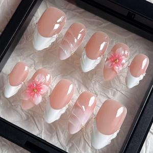 Handmade Press On Nails - MAGLFELL Spring Nails Almond False Nails, 3D Pink Carving Floral and French Design, 10Pcs Reusable Acrylic Fingernail Salon Artificial Nails Kit (Size S)