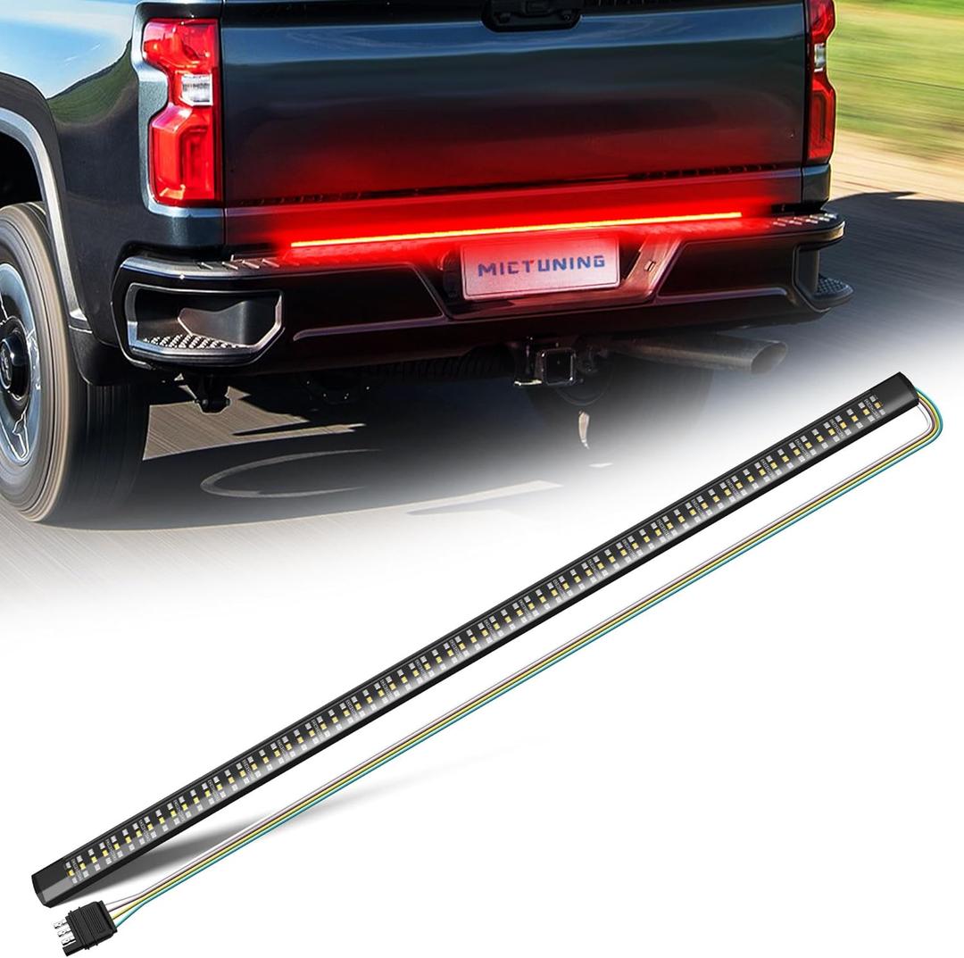 MICTUNING Truck Tailgate Light Strip 48 Inch Triple Row 360 LED IP67 Waterproof with Red Running Brake Sequential Turn Signal, Strobe & White Reverse Lighting