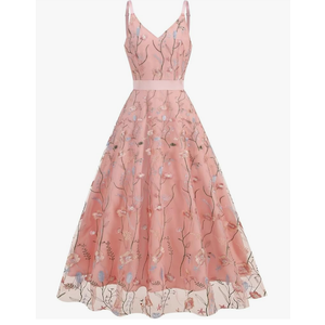 Long Floral Embroidery Dress Spaghetti Straps Evening Tulle Prom Gowns, XL