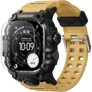 amBand Compatible with Apple Watch Ultra 2/ Ultra Bands Case 49mm for Men, M3 Rugged Cover Military Sport Strap with Glass Screen Protector, Heavy Duty Protective Bumper for iWatch 49 mm - Sand Beige