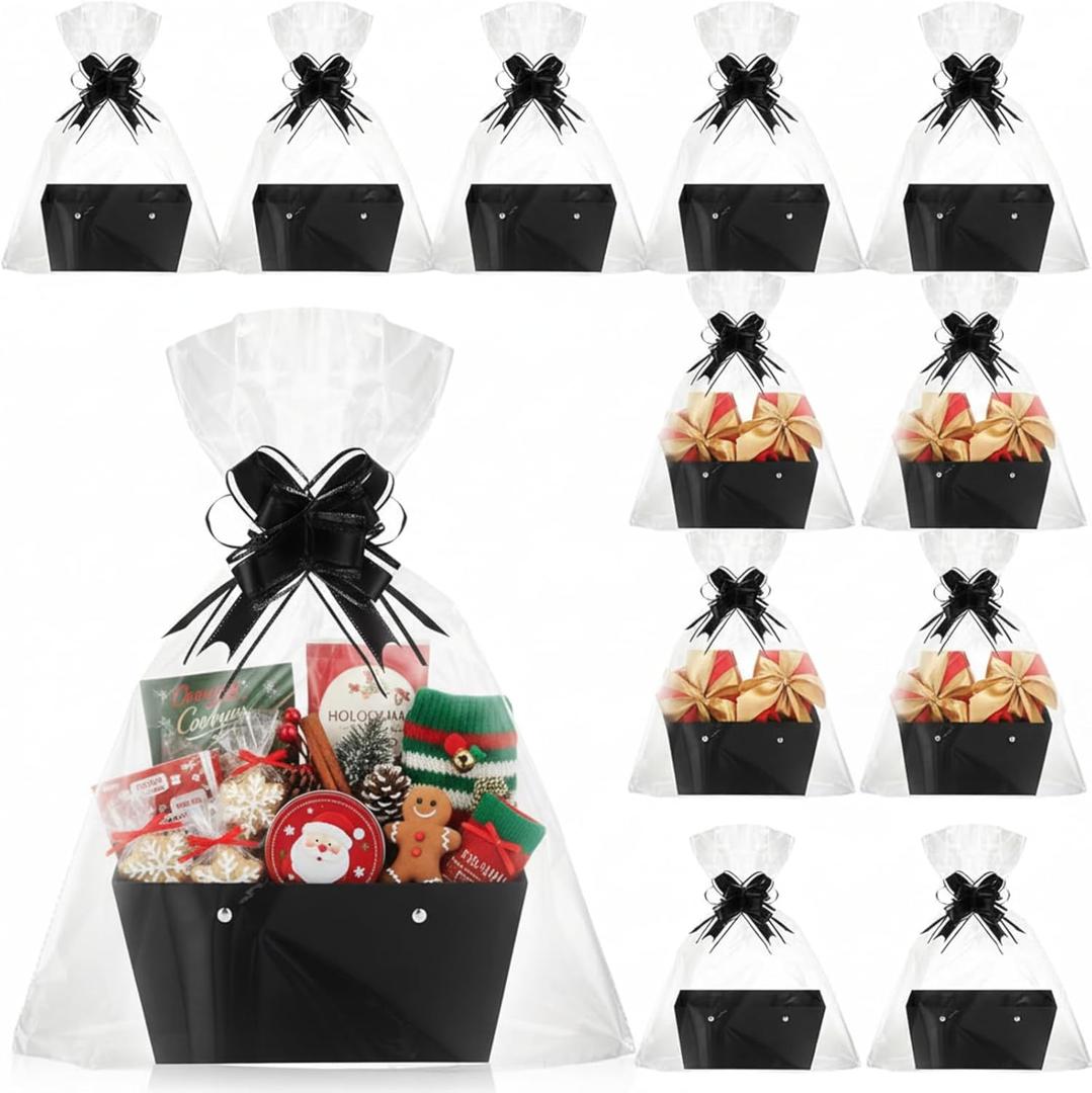 Colarr 12 Pack Baskets for Gifts Empty Bulk Kraft Empty Gift Basket Kit with Handle Wrap Bag Bow DIY Tray to Fill for Thanksgiving Wedding Bridal Shower Christmas Party, 9.8" x 6.5" x 4.3"(Black)