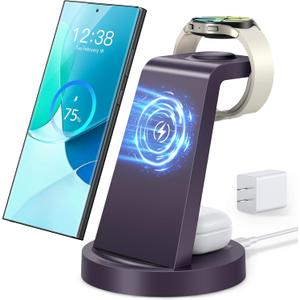 Wireless Charger for Samsung: 3 in 1 Wireless Charging Station for Samsung Galaxy Watch 8 7 6 5 4 3 Pro Classic Galaxy Buds - Charger Dock Stand for S25 S24 Ultra S23 S22 S21 Note Z Fold Android (Purple)