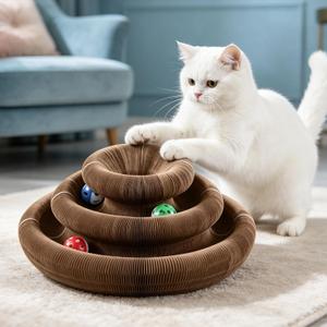 Kitty Kurls M-Shaped Double Layer Cat Scratcher, Magic Organ Accordion Scratching Board with Bell Ball, Interactive 2-in-1 Corrugated Cardboard Scratch Pad for Indoor Cats & Kittens