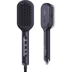 LANVIER Hair Straightener Brush, Ionic Straightening Brush with Infrared, Wide Plate Heated Smoothing Comb with Negative Ions, 32 Temps, Dual Voltage, Flat Iron Comb Styler for All Hair Type (Black)