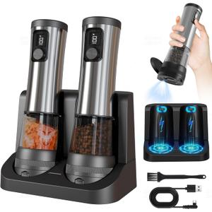 Electric Salt and Pepper Grinder Set,Stainless Steel Rechargeable Automatic Shakers with Easy-to-Carry Dual Charging Station,Adjustable Coarseness,LED Display,100ML Large Capacity,Ideal for Kitchen