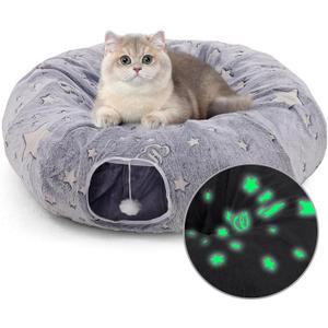 Cat Tunnel Bed for Indoor Cats with Washable Cushion Cat Cave Donut Tunnel with Fluffy Ball Big Round Tube Pet Playground Toys Soft Plush Peekaboo for Kitten, Cat, Puppy, Rabbit, Ferret（Moon Star）