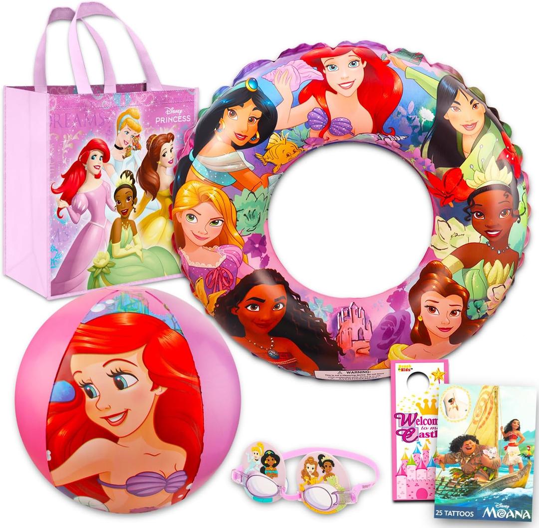 Disney Princess Pool Toys Set for Girls - Princess Gift Bundle with Inflatable Swim Ring, Goggles, Beach Ball, Beach Bag, Tattoos, More | Disney Princess Beach Toys