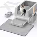 Stainless Steel Cat Litter Box - Enclosed XL Metal Kitty Litter Box with Lid for Big Cats, High Sided, Anti-Leakage, Easy Cleaning, Non-Sticky, Included Litter Mat, Cat Bowl & Spoon (Grey)