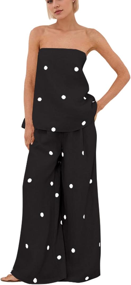 calbatic Women Polka Dot 2 Piece Outfits Spot Strapless Tube Top High Waist Wide Leg Pants Casual Lounge Set (S)
