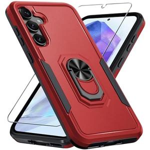 Janmitta Compatible with Samsung Galaxy A35 5G Case with Screen Protector,Heavy Duty Shockproof Full Body Phone Cover Built in Metal Ring Holder Kickstand, 2024 Red, Pack of 5 