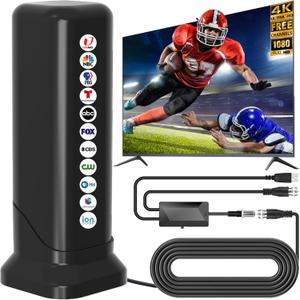 Indoor TV Antenna for Local Channels, 2026 HD Digital TV Antenna for Smart TV with Signal Amplifier Booster, 360 Reception HDTV Antenna Supports 4K 1080P TVs, Magnetic Base & 13ft Coax Cable (Black)