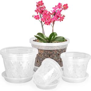 Orchid Pot,3 4 5 6 Inch 8 Pack Orchid Pots with Holes and Saucers,Clear Plastic Flower Plant Pot for Indoor Outdoor Plants,Slotted Orchids Planter(3 4 5 6Inch)