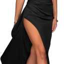 Memoriesea Women's Satin One Shoulder High Split Formal Party Evening Maxi Dress (Large, Black)