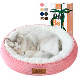 20in Washable Cat Beds for Indoor Cats - Round Donut Pet Bed for Cats, Small Dogs, Puppy, Kitten - Anti-Slip Bottom, Calming Bed Gift - Pink