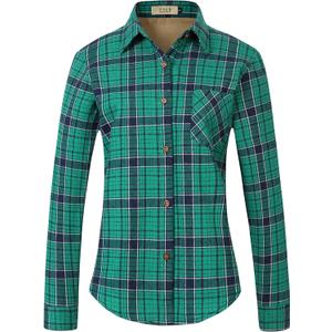SSLR Fleece Lined Flannel Shirts for Women-Long Sleeve Flannel Jacket Button Down Plaid Shirts-Regular Fit, Casual (Large, Green Blue)