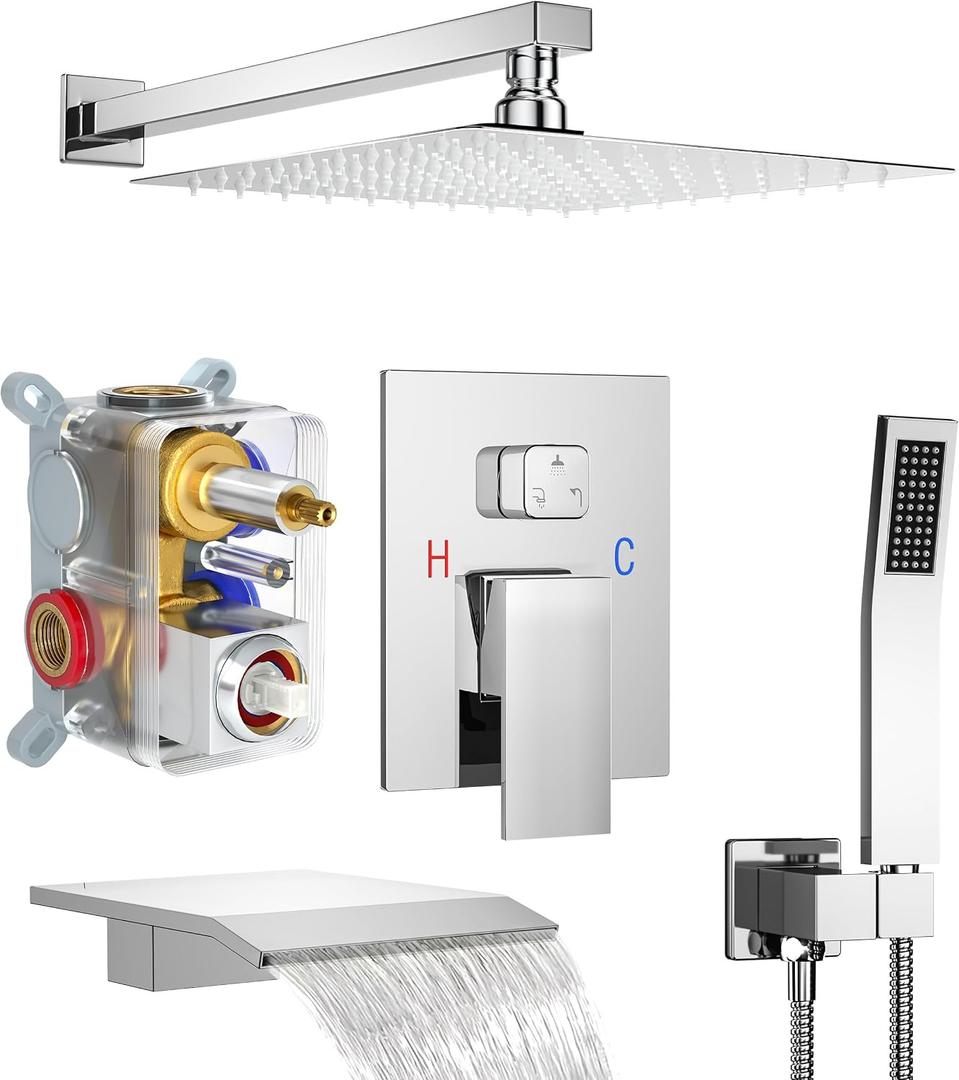 Shower System with Tub Spout, 10-Inch High-Pressure Rain Showerhead and Handheld Combo, Polished Chrome Shower Faucet Set with Rough-in Valve and Trim, Wall Mounted 3-Way Shower Set