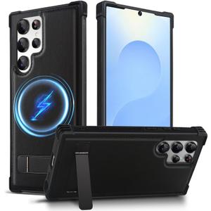 KEZiHOME Case for Samsung S22 Ultra Genuine Leather with Kickstand, Compatible with MagSafe, Military Grade Protection with Stronger Magnet Phone Case for Galaxy S22 Ultra (Carbon Black)