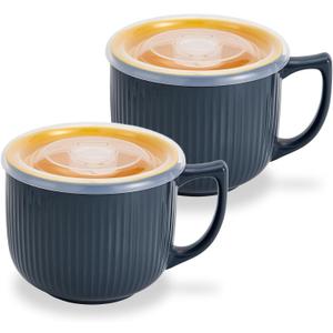 Ceramic Soup Bowl with Handle 32oz  Microwave Ramen Bowl with Lid, Soup Mugs & Cups for Cereal, Oatmeal, Ramen, Instant Noodle, Soup Container with Lid - Set of 2 (Gray) (Grey/Yellow 2 pcs)