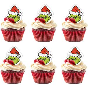 50 PCS Edible Christmas Cupcake Toppers Green Monster Man Cake Toppers Wafer Paper Christmas Birthday Decorations for Edible Merry Xmas Theme Baby Shower Birthday Party Cake Decorations Supplies (Style 1)
