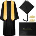 Graduation Gown and Cap with Tassel and 2026 Year Charm - Golden 72" Stole - Black Diploma Holder | Custom