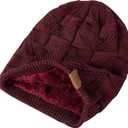 PAGE ONE Mens Winter Slouchy Beanie Warm Fleece Lined Skull Cap Baggy Cable Knit Hat (Wine Red)
