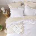 Andency White Ruffle Comforter Oversized Queen(98x98Inch), 3 Pieces(1 Ruffled Comforter and 2 Pillowcases) Solid Farmhouse Shabby Chic Bed, Vintage Rustic Soft Polyester Bedding Set
