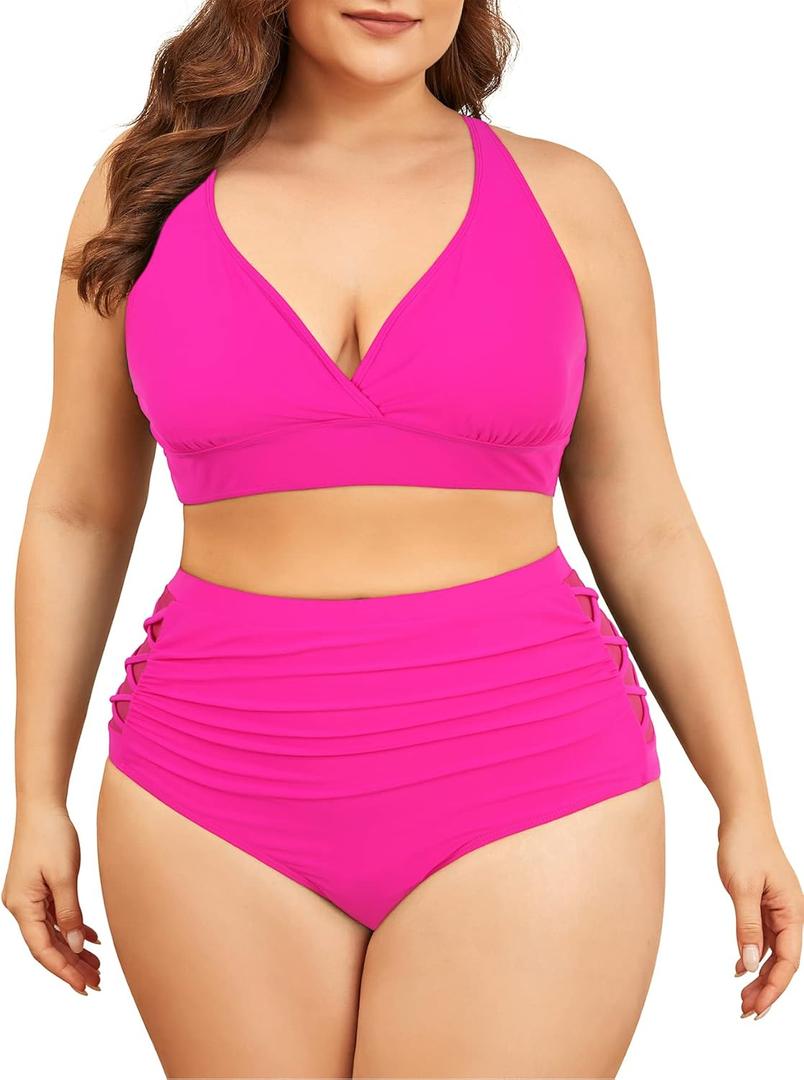 American Trends Womens Plus Size Bikini Set - Tummy Control, High Waisted 2 Piece Swimsuits Bathing Suits, Rose Red, 16 Plus