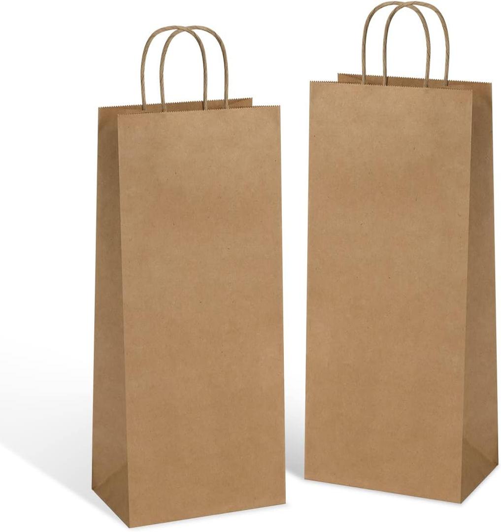 Poever Kraft Paper Wine Bags with Handles 5.25x3.25x13 inch for Whiskey Spirits Bottles 25PCS Bluk, Brown Gift Bags Shopping Bag Party Bag Retails Bag