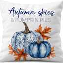 Fall Throw Pillow Cover 18x18 Inch  White Linen Autumn Cushion Cover with Blue Pumpkins and Orange Leaves  Double-Sided Print, Farmhouse Thanksgiving Pillowcase for Sofa Couch Bed