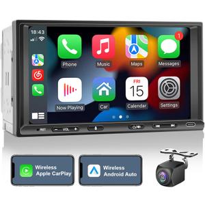 Double Din Car Stereo Radio Wireless CarPlay Wireless Android Auto, 7in Touchscreen Car Audio Receiver with Bluetooth,Rearview Camera,AM/FM, GPS Navigation,Mirror Link,Subwoofer,USB/AUX/SWC