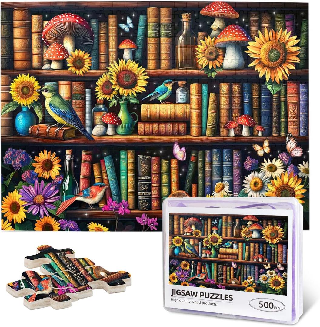 Vintage Wildflower Book Jigsaw Puzzles for Adults 500 Pieces Bird Sunflower Books Pages Puzzle Retro Bookshelf Wooden Puzzle Blossoming Wildflowers Literary Theme Books Puzzles for Book Lovers