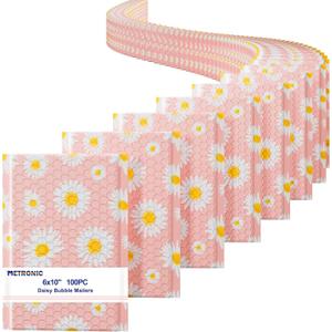 Metronic Bubble Mailers 6x10 Inch 100 Pack Pink Bubble Mailer Usable Size 6x9 Self-Seal Adhesion Padded Envelopes Pretty Padded Mailers for Jewelry, Makeup, Cards, Fancy Daisies (Daisy)