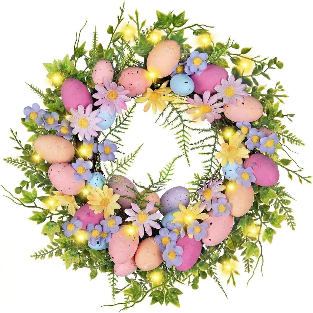 Pastel Easter Wreath for Front Door with Lights, 18 Inch Spring Floral Wreath with Colorful Eggs, Daisy & Eucalyptus Greenery, Farmhouse Easter Door Decor