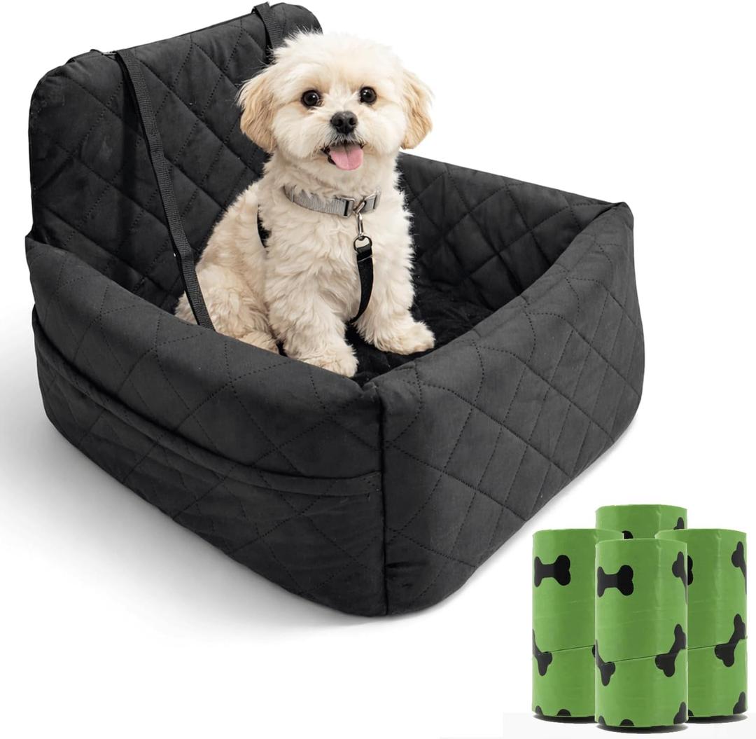 Luxury Small Dog Car Seat & Medium Dogs with 4 Poo Bag Rolls, Booster Seat with Detachable Washable Cover, Travel-Safe with Safety Leash & Storage Pockets, Made with Soft Cotton & Durable
