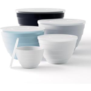 TP Mixing Bowls with Lids, 10-Piece Nesting Melamine Bowls Set for Prepping Serving Baking Cooking, Non Slip Bottom, Set of 5, Blue and White