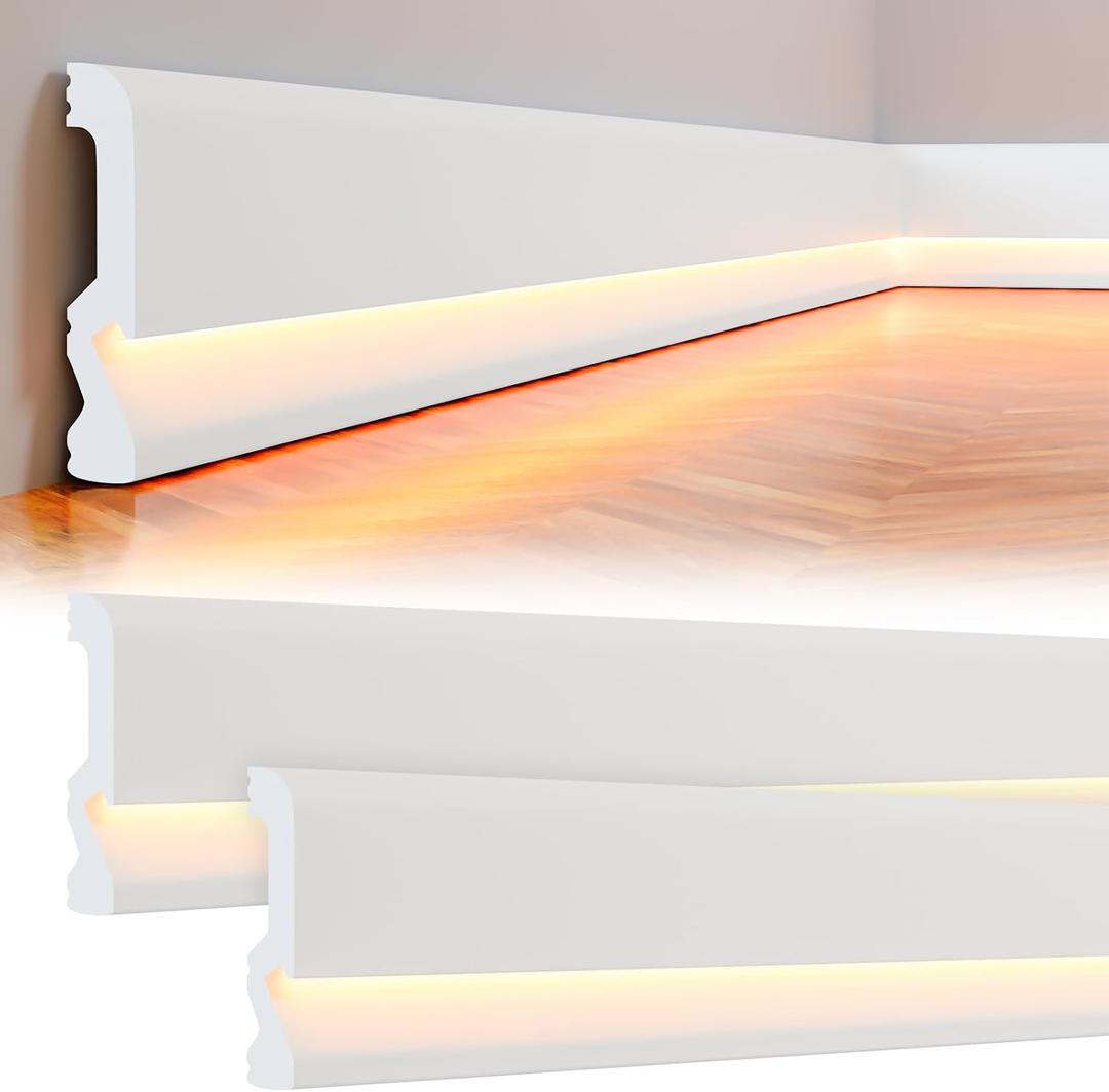 Briwooody Baseboard Molding with LED Duct, 2.6FT White, 12 Pcs, Classic