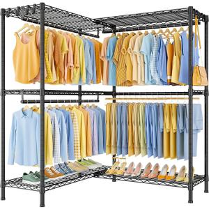 E15 Plus Garment Rack L Shaped Clothes Rack for Corner，Freestanding Clothing Racks for Hanging Clothes，Heavy Duty Closet System with 4 Hanging Rods & 8 S Hooks，48.5" W x 35" D x 78.4" H，Black