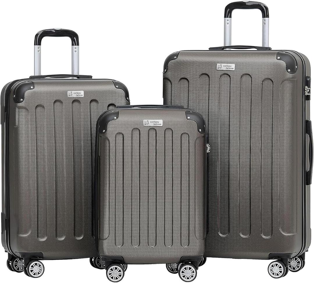 ANTHONY JACKSON 3 Piece ABS Luggage Set  Lightweight Suitcases with Spinner Wheels  3 Different Sizes  TSA Lock  Hard Shell Travel Luggage for Men & Women (Smoked)