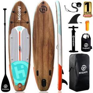 Highpi Inflatable Stand Up Paddle Board Premium SUP Accessories, Backpack, Wide Stance, Surf Control, Non-Slip Deck, Leash, Paddle and Pump, Standing Boat for Youth and Adult (Classic Wood)