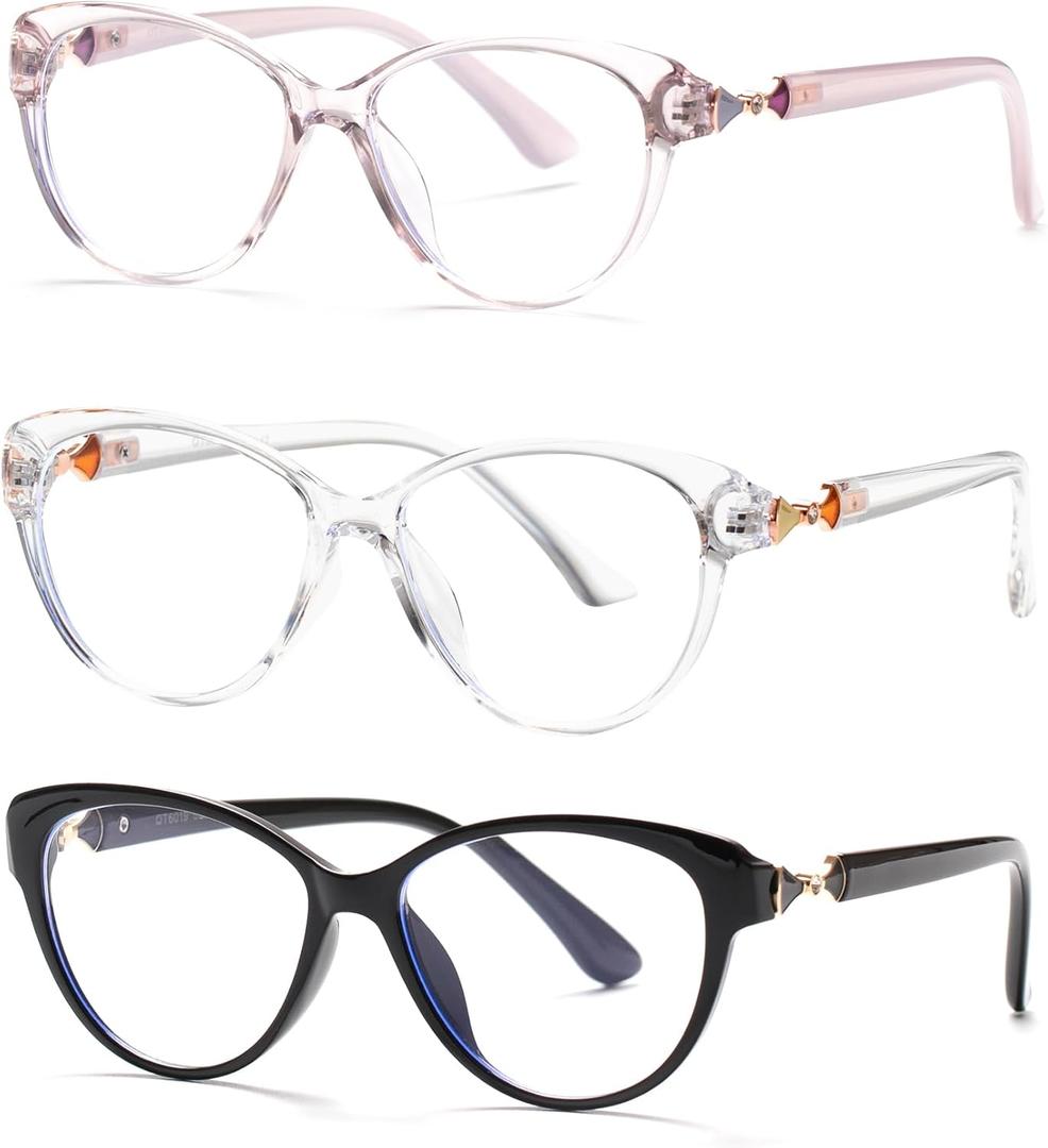 3 Pack Fashion Cat Eye Reading Glasses Women, Ladies Cateye Anti Blue Light Readers, Cute Anti Glare/UV Eyeglasses (Transparent,black,purple)