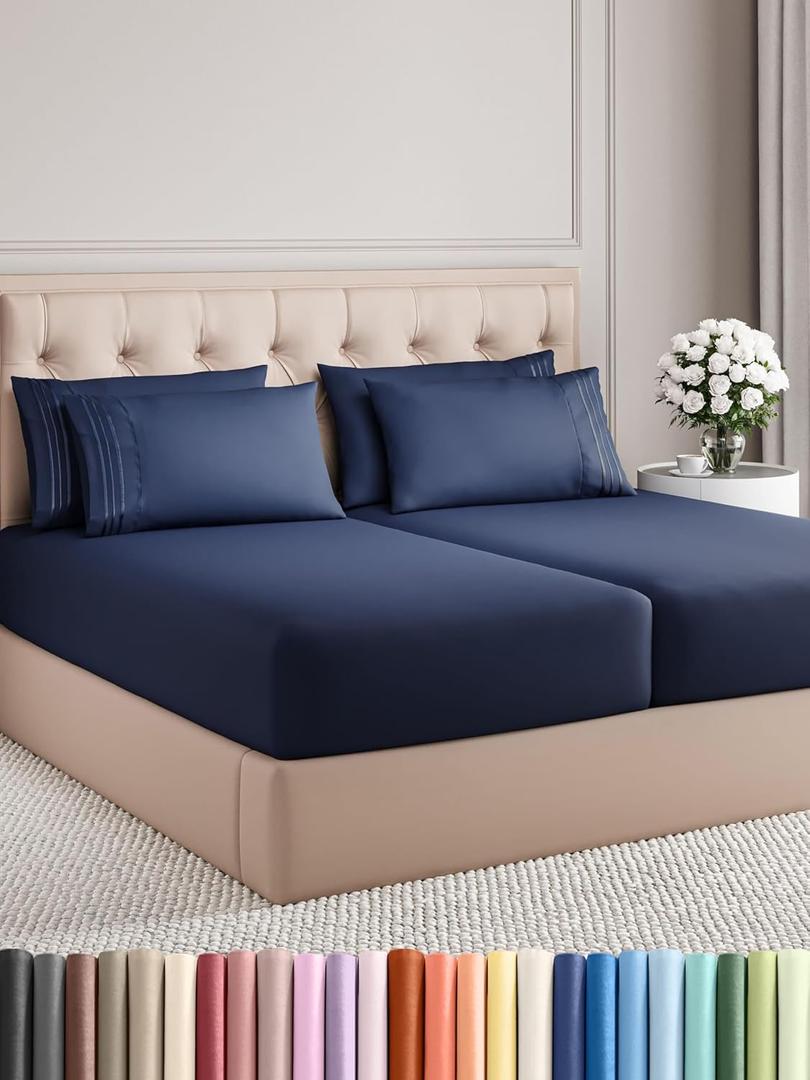 Split King 7 Piece Sheet Set - Comfy Breathable & Cooling - Soft Hotel Luxury Bedding Set with 8-16 Inch Deep Pockets - 1 Flat & 2 Fitted Sheet & 4 Pillowcases - Wrinkle Free & Easy Care - Navy Blue